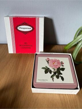 Vintage Pimpernel Redouté Rose Coasters Set of 6 Made in England with Box